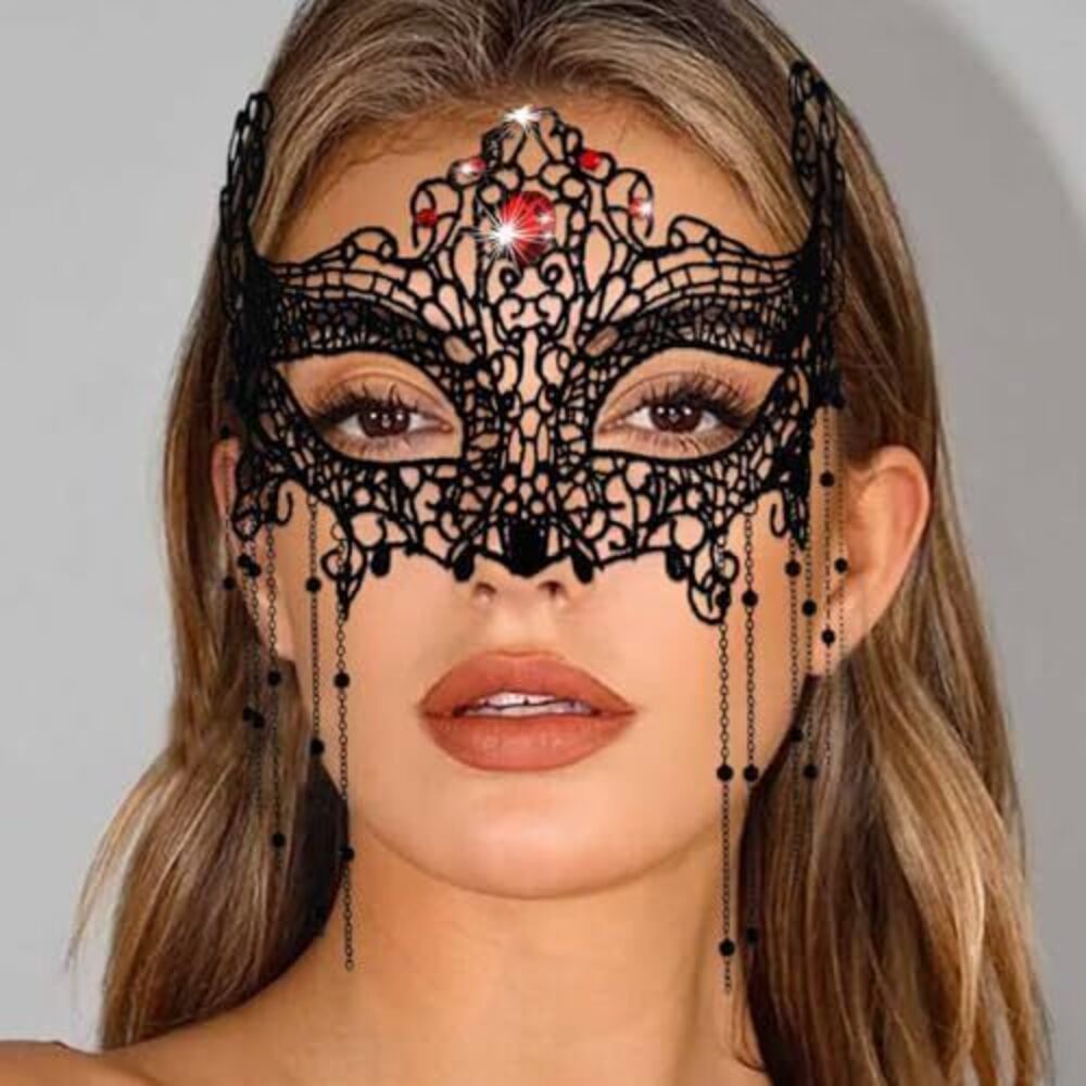 3251 Masquerade Lace Mask Costume Eye Mask Tassels Face Masks Rhinestone